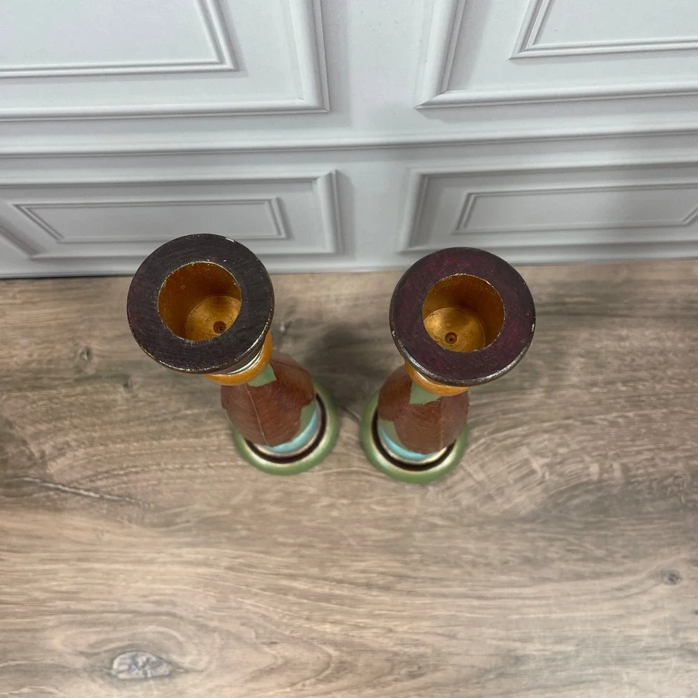 Wood Candlestick Holders Gold Leaf Green Brown Blue Artisan Handcrafted Set of 2